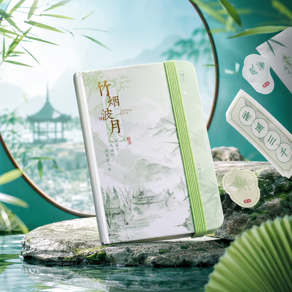 The light green cover, bamboo mist, moonlight, ink-wash landscape notebook, with a green webbing tied tightly on the spine Specification image