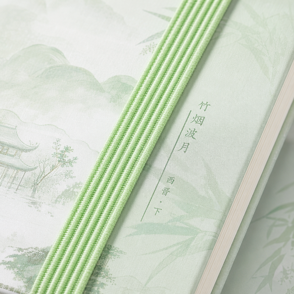 The light green cover, bamboo mist, moonlight, ink-wash landscape notebook, with a green webbing tied tightly on the spine Application Scenario