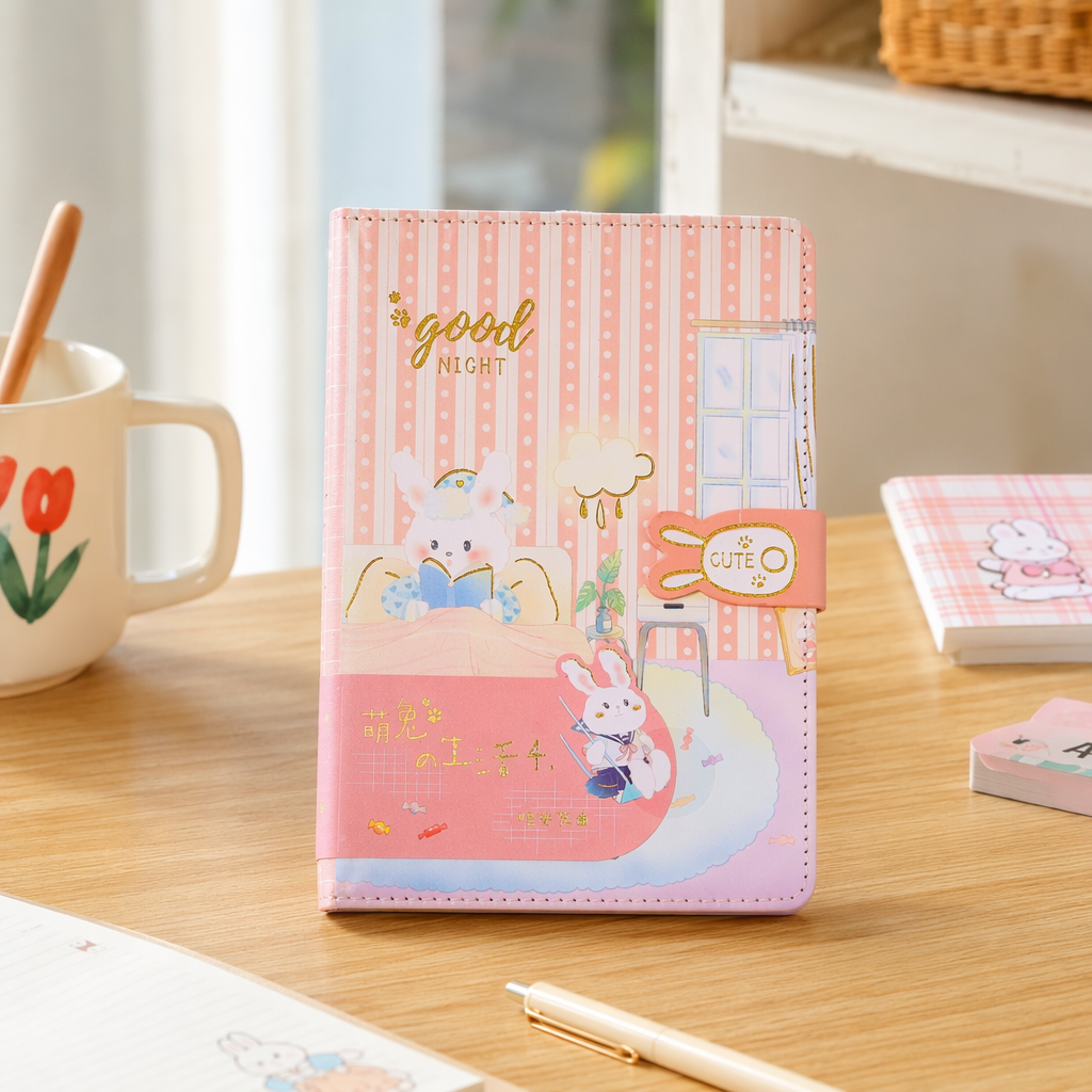 A simple and cute student notebook with a pink striped rabbit theme details Picture