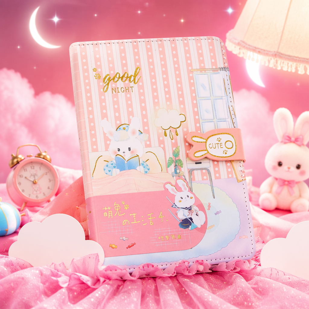 A simple and cute student notebook with a pink striped rabbit theme Specification image