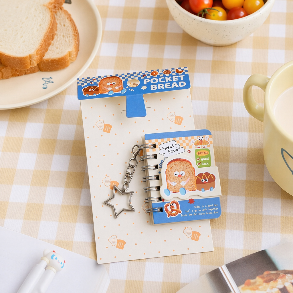 Cartoon bread-themed notebook set, spiral small notebook, star hanging decoration, paper packaging card, decorative accessories details Picture