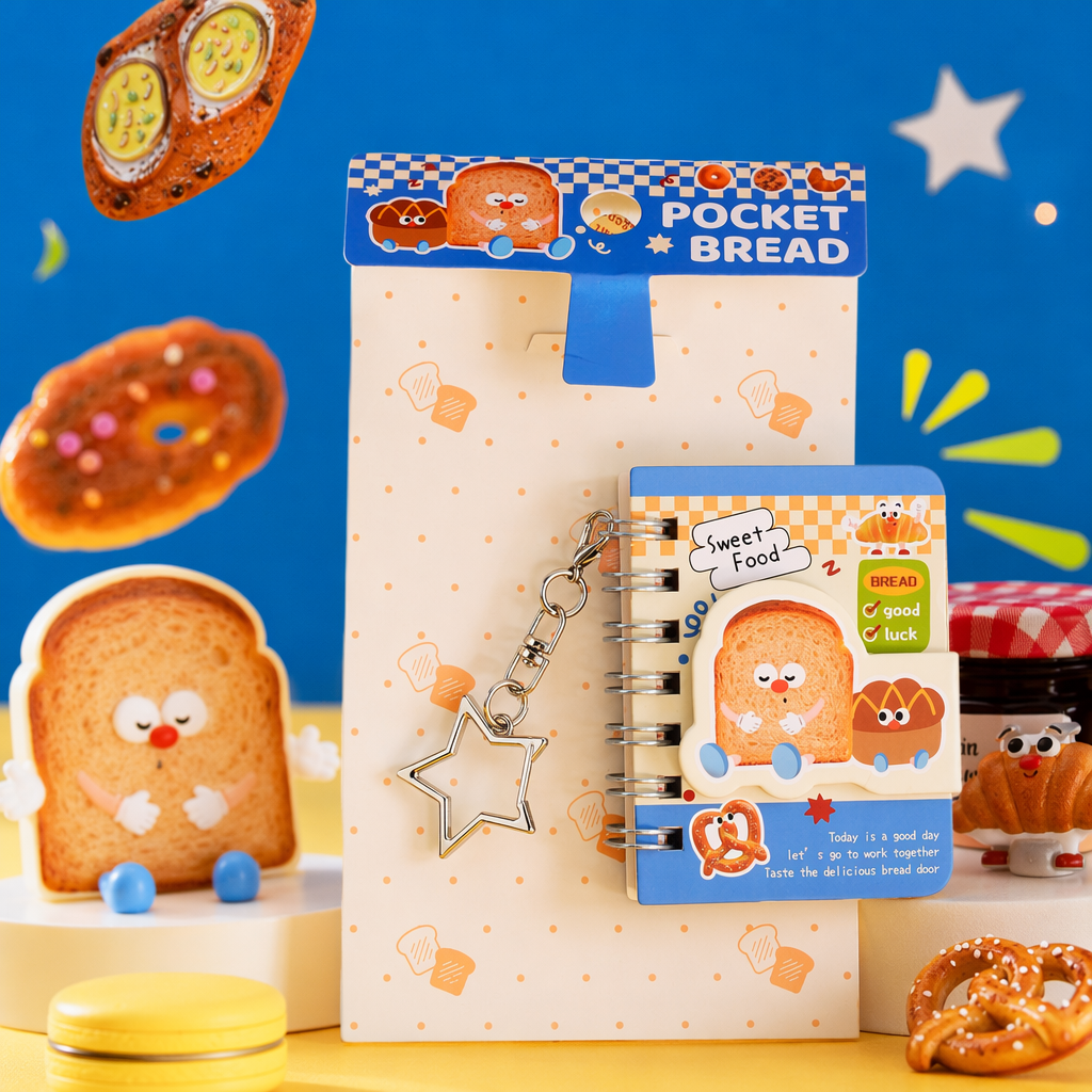 Cartoon bread-themed notebook set, spiral small notebook, star hanging decoration, paper packaging card, decorative accessories Specification image