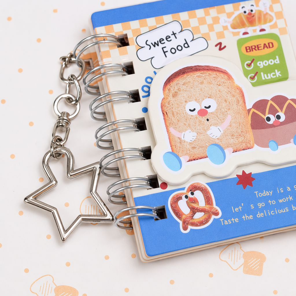 Cartoon bread-themed notebook set, spiral small notebook, star hanging decoration, paper packaging card, decorative accessories Application Scenario