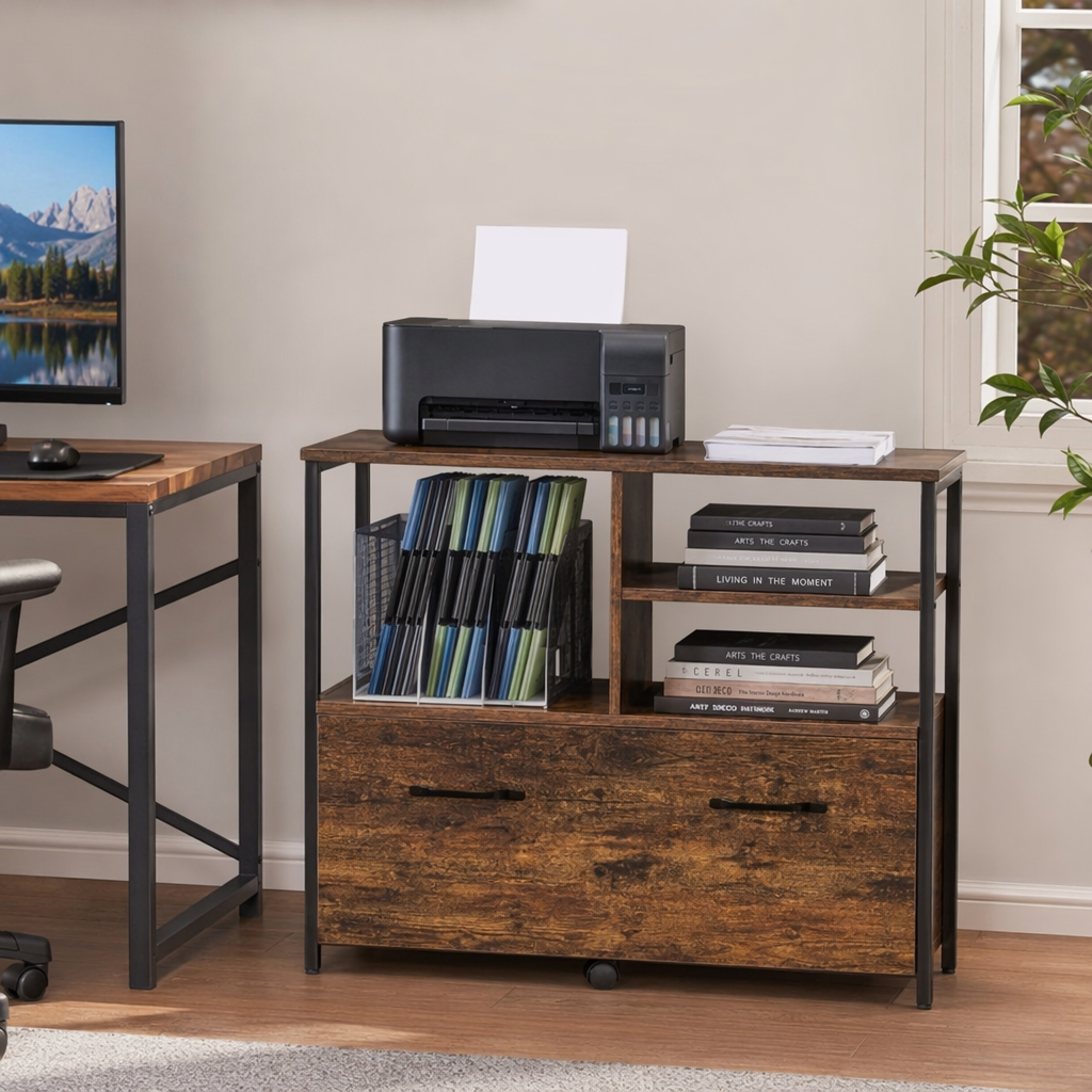 Retro wooden desk cabinet, Nordic-style solid wood office and study desk, storage combination furniture details Picture