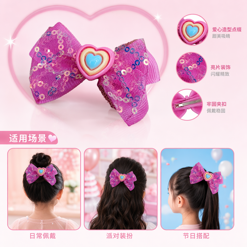 粉色亮片蝴蝶结发夹 女童可爱甜美头饰 日常穿搭饰品
