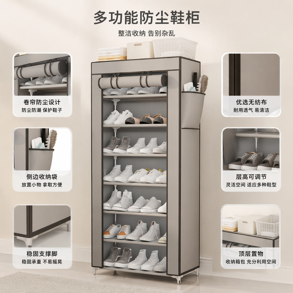 灰色8层鞋架免打孔家用玄关收纳置物架金属承重