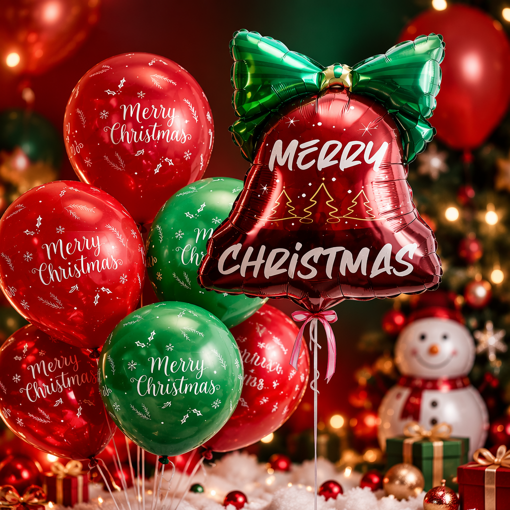 Red and green Christmas-themed balloon set, festive decoration and party supplies Specification image