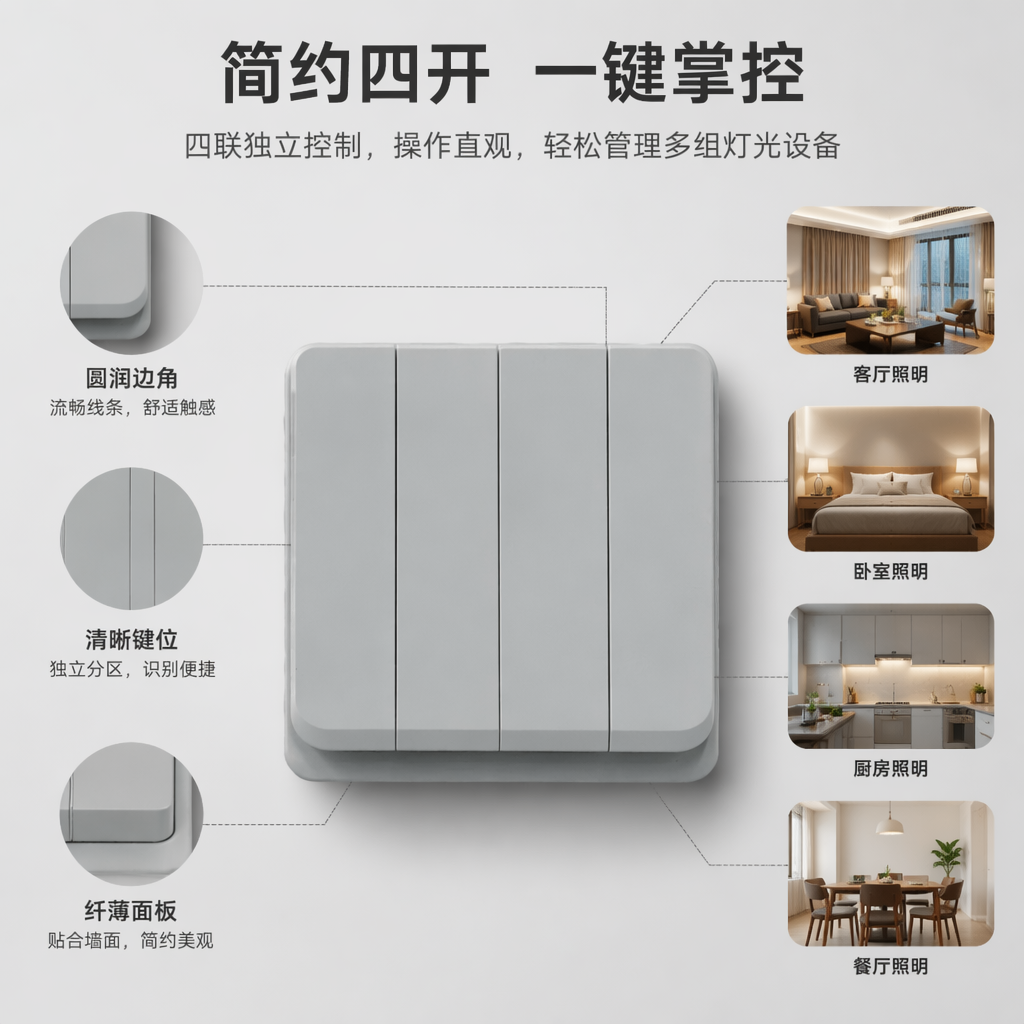 G series white four-hole single-control wall switch, exclusively for household wall socket outlets