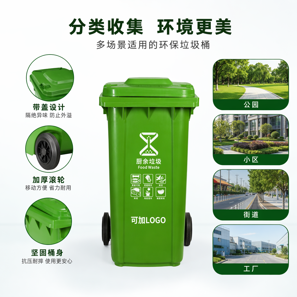 The green kitchen waste trash can is a four-color classification combination, including blue for recyclability, black for others, and red for harmful