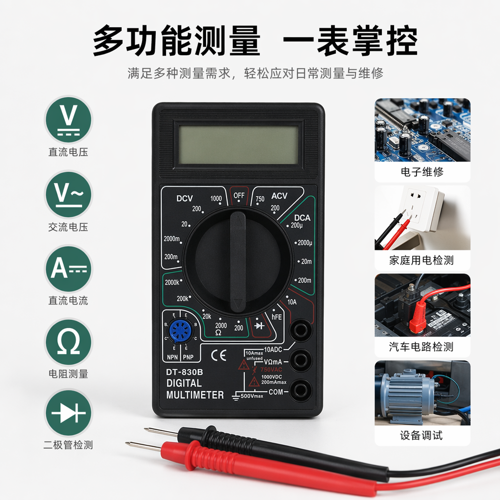 Black digital multimeter, automatic range AC/DC voltage, current and resistance tester