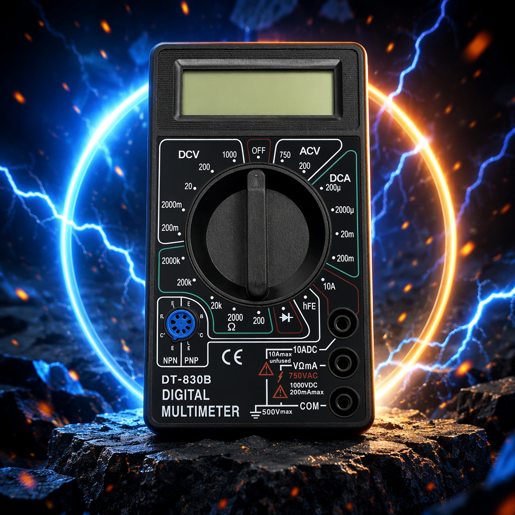 Black digital multimeter, automatic range AC/DC voltage, current and resistance tester Specification image