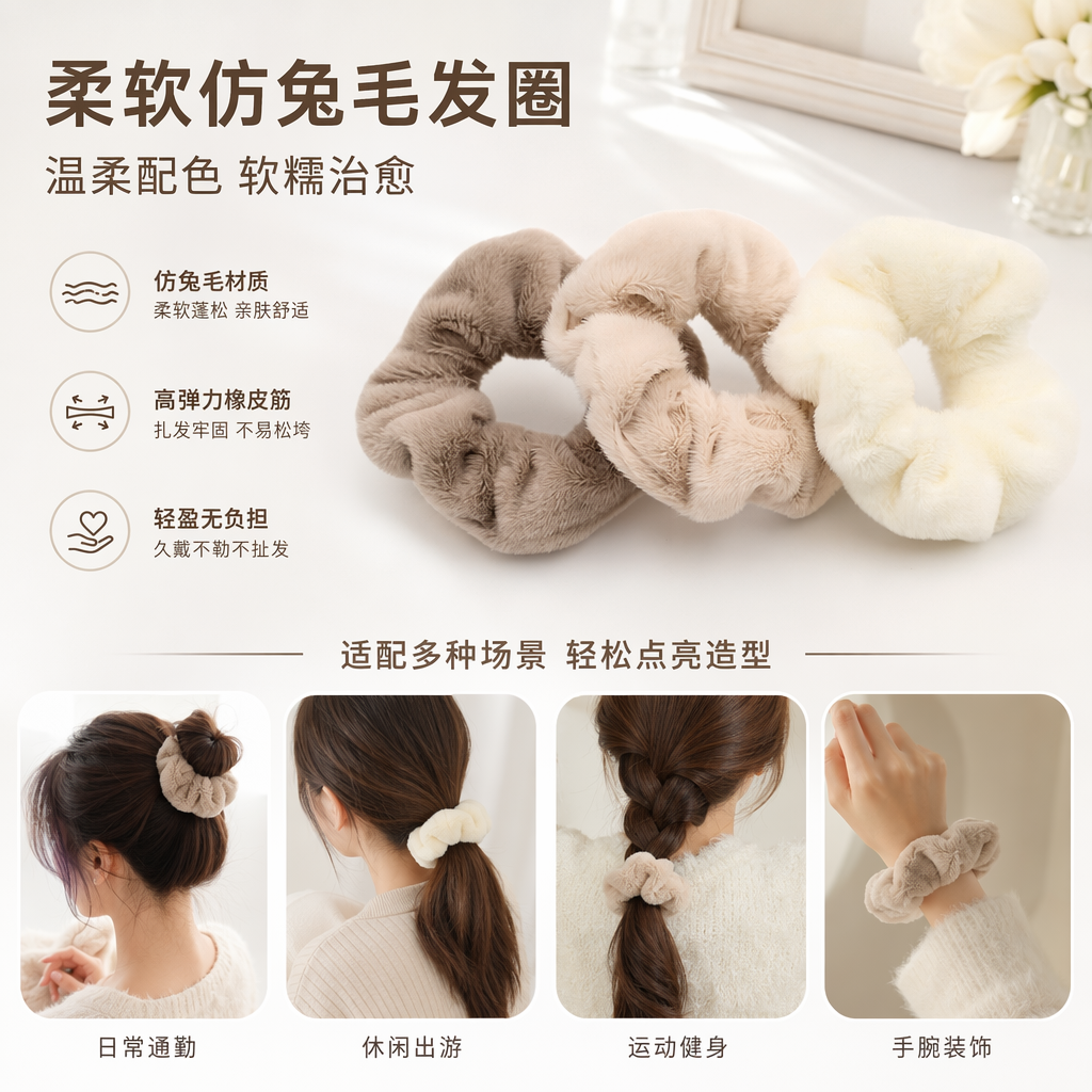 毛绒发圈可爱少女头饰弹性扎发圈秋冬保暖发饰