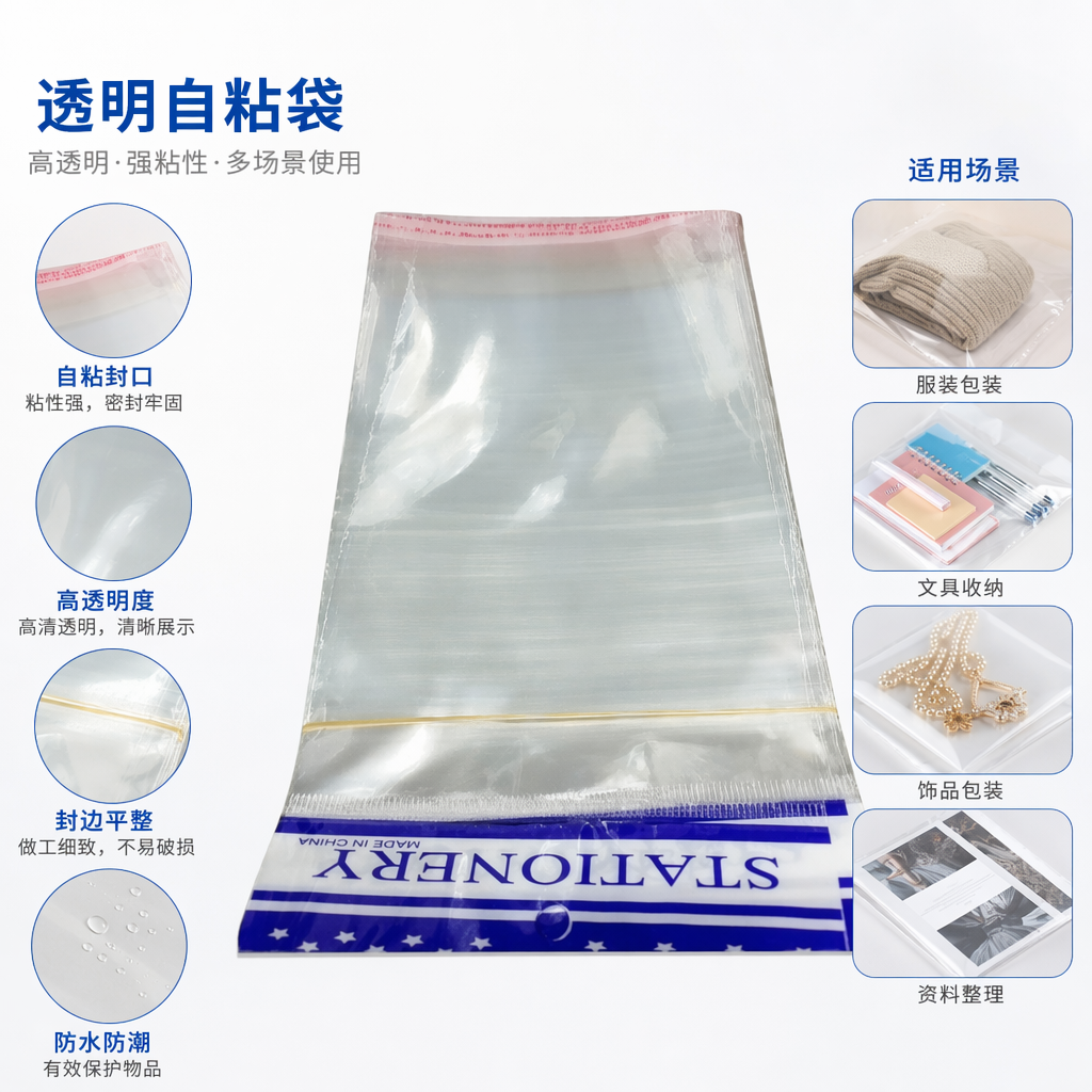 透明塑料袋底部印蓝色STATIONERY字样带星星图案