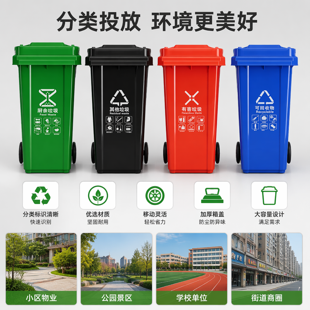 Color classified trash can combination: green for kitchen waste, black for others, red for hazardous materials, blue for recyclable, with wheels