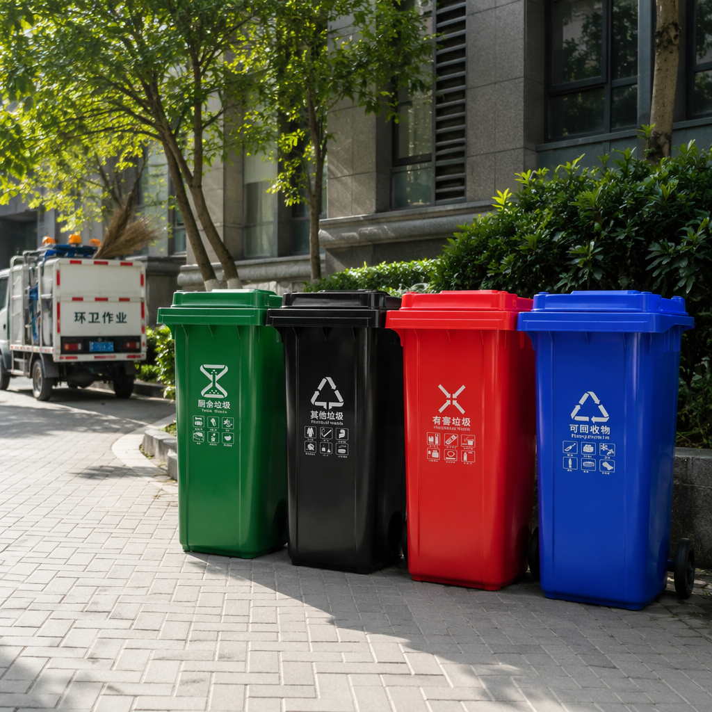 Color classified trash can combination: green for kitchen waste, black for others, red for hazardous materials, blue for recyclable, with wheels details Picture