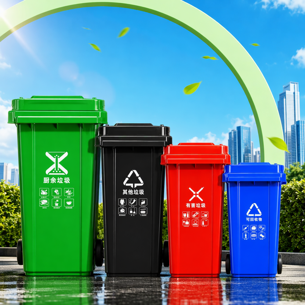 Color classified trash can combination: green for kitchen waste, black for others, red for hazardous materials, blue for recyclable, with wheels Specification image