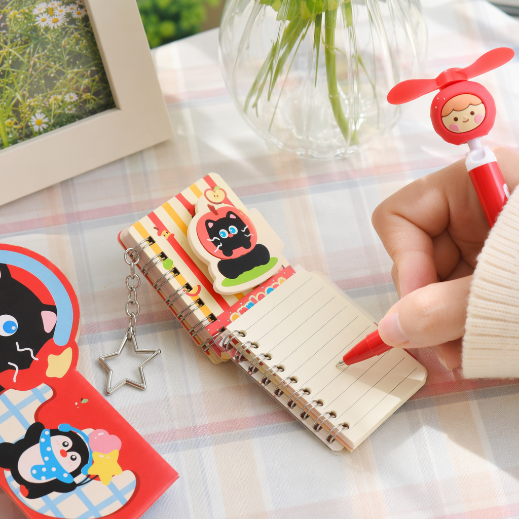 Apple cat Red and White Striped stationery set, Spiral notebook, Apple Cat sticker, Star keychain details Picture