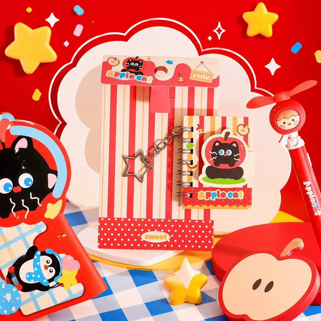 Apple cat Red and White Striped stationery set, Spiral notebook, Apple Cat sticker, Star keychain Specification image