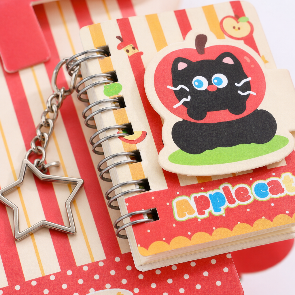 Apple cat Red and White Striped stationery set, Spiral notebook, Apple Cat sticker, Star keychain Application Scenario