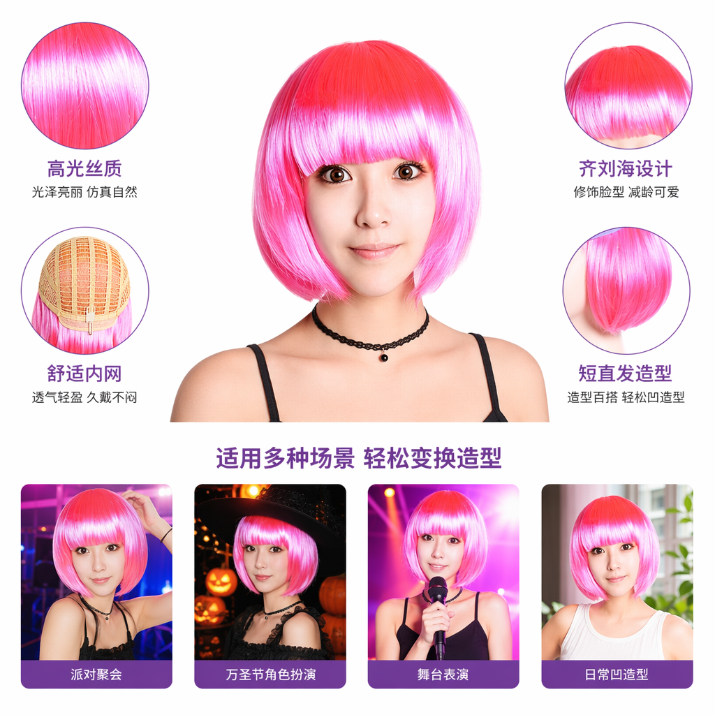 The colorful Bob wig for women's short hair simulates bangs, which are naturally fluffy and breathable