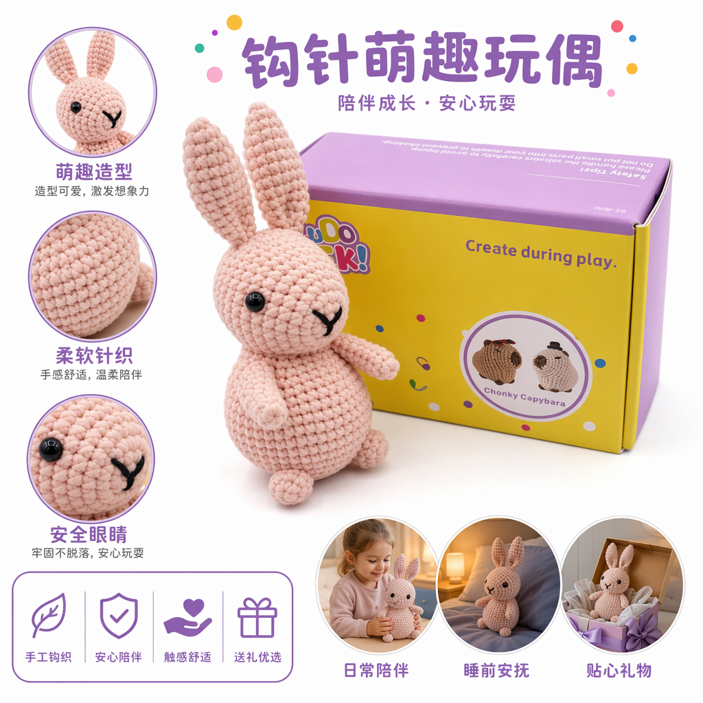 粉色钩针兔子玩偶手工编织毛绒挂件可爱卧室装饰