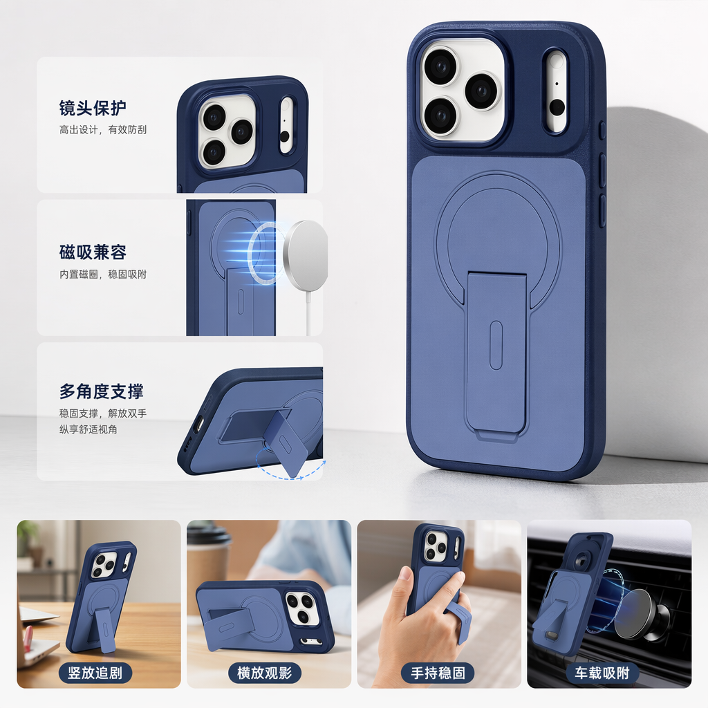 五款彩色手机壳 带支架磁吸环设计 适配多型号