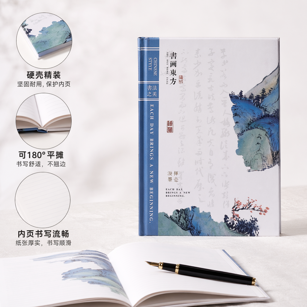 蓝白封面水墨山水书法书籍 CHINESE STYLE书脊英文Each Day Brings A New Beginning布面背景橙子黄花木片