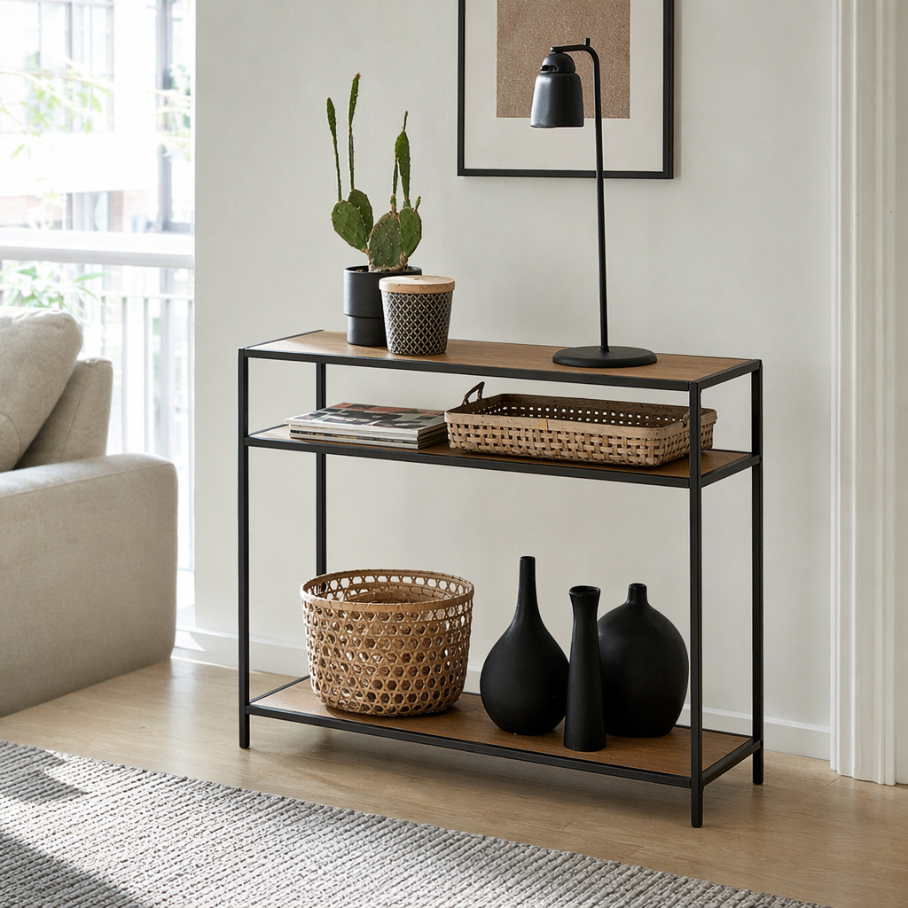 A simple and modern three-layer storage rack with black metal frame and wooden shelves for the living room and bedroom details Picture