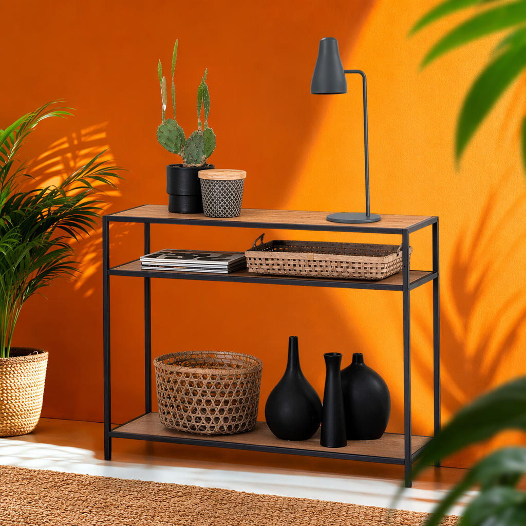 A simple and modern three-layer storage rack with black metal frame and wooden shelves for the living room and bedroom Specification image