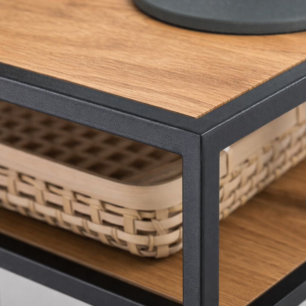 A simple and modern three-layer storage rack with black metal frame and wooden shelves for the living room and bedroom Application Scenario