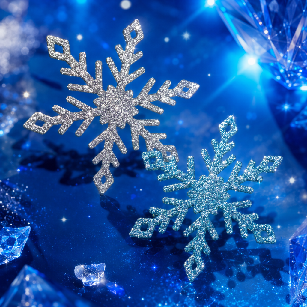 银色和蓝色闪粉雪花装饰品细节图