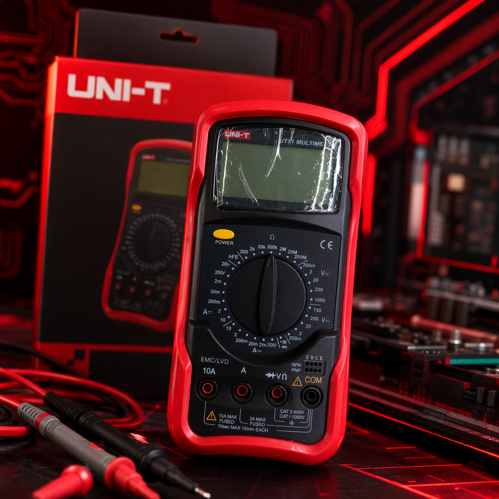Red-cased digital multimeter with automatic range AC/DC voltage, current and resistance tester Specification image