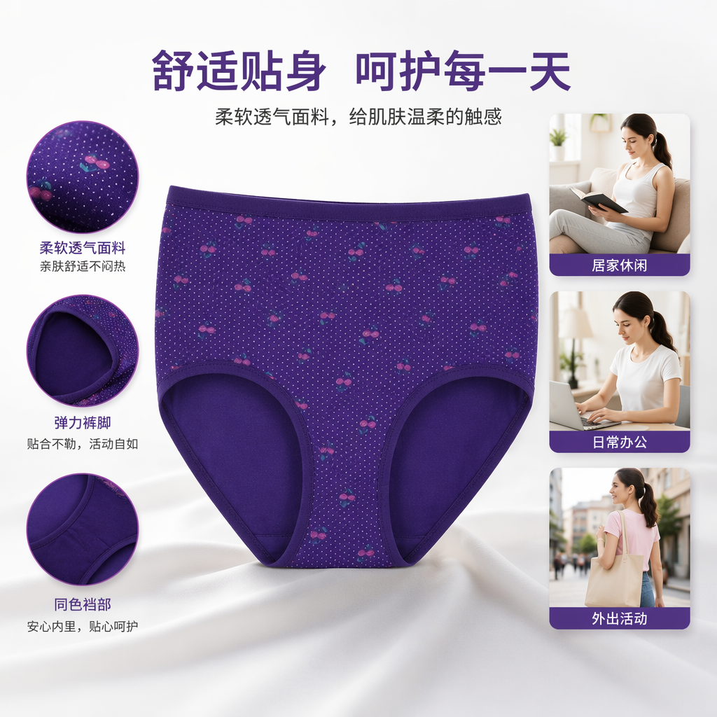 紫色樱桃波点纯棉女士内裤均码舒适透气