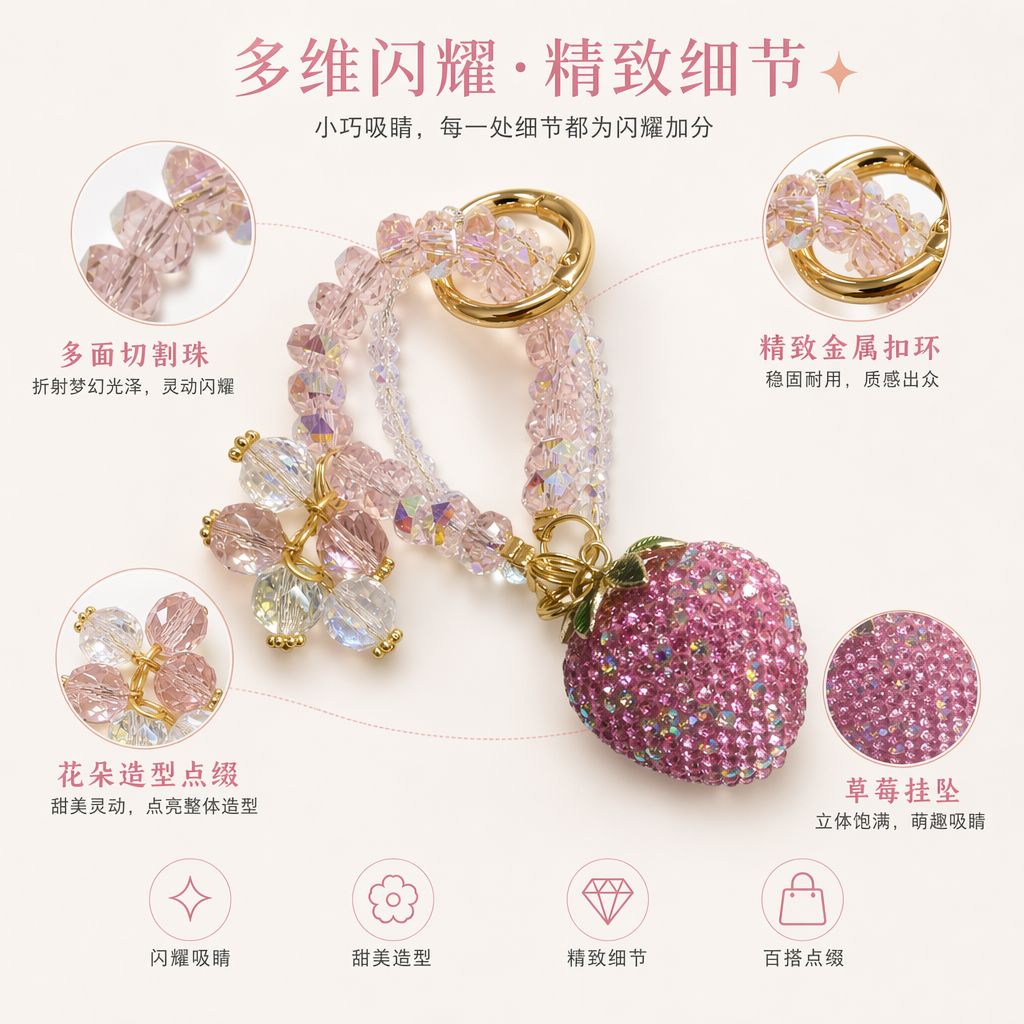 粉色水晶草莓汽车挂件钥匙扣装饰品可爱少女心车载饰品