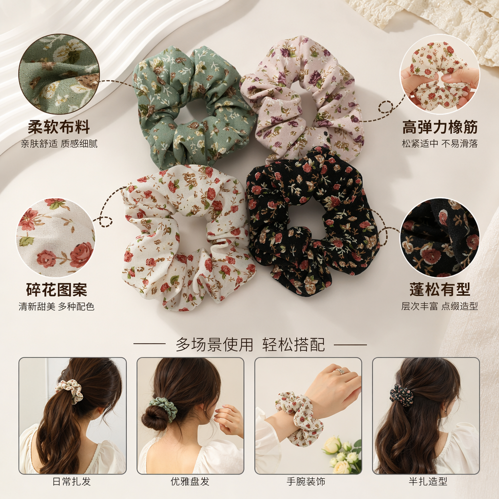四款花卉图案发圈 韩版简约高弹力扎发头饰