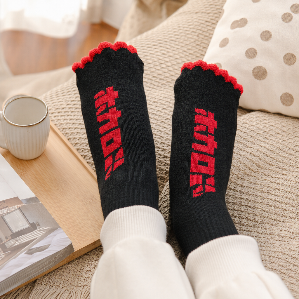 Black socks with red letter patterns, pure cotton mid-calf socks for both men and women details Picture