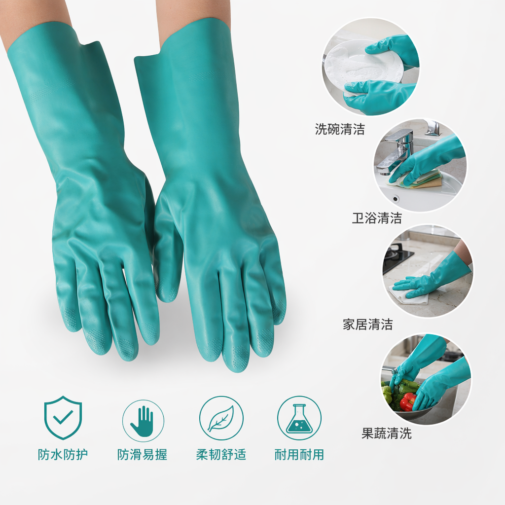 Thick, anti-slip and wear-resistant green rubber gloves for household kitchen cleaning and protection