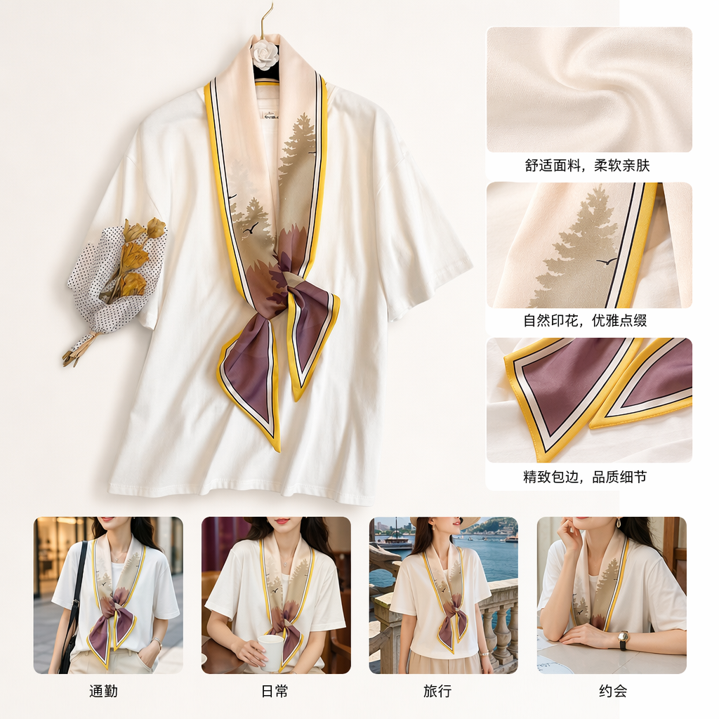 彩色印花真丝丝巾女士春夏围巾轻盈透气