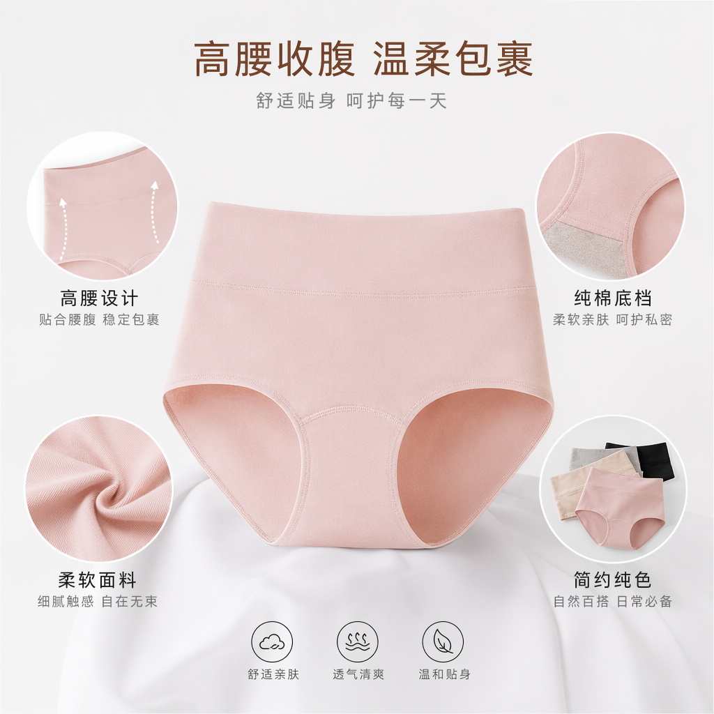 粉色高腰蕾丝边内裤女款显瘦收腹提臀