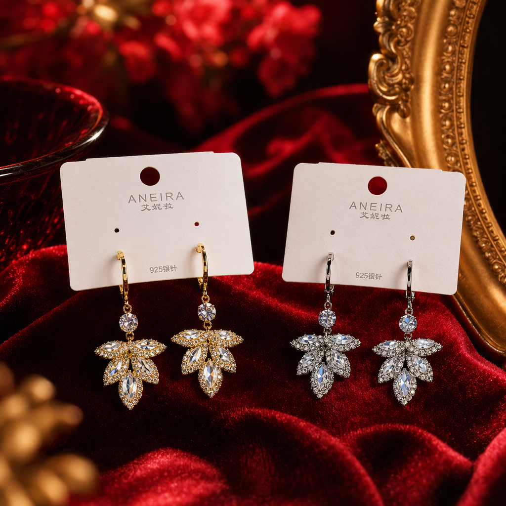 Golden diamond-encrusted leaf-shaped earrings are fashionable and light luxury earrings for women Specification image