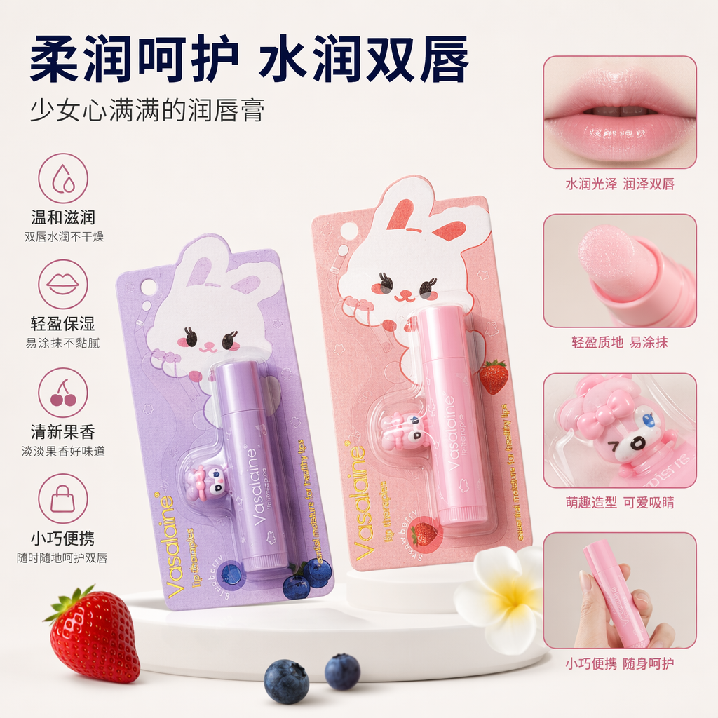 凡士林紫色粉色包装卡通兔子润唇膏