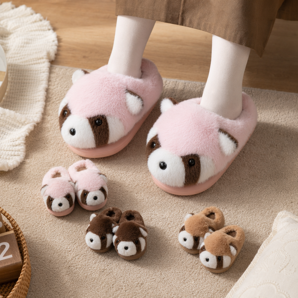 Pink raccoon shaped home slippers are cute, with soft soles and anti-slip properties made of cotton and linen details Picture
