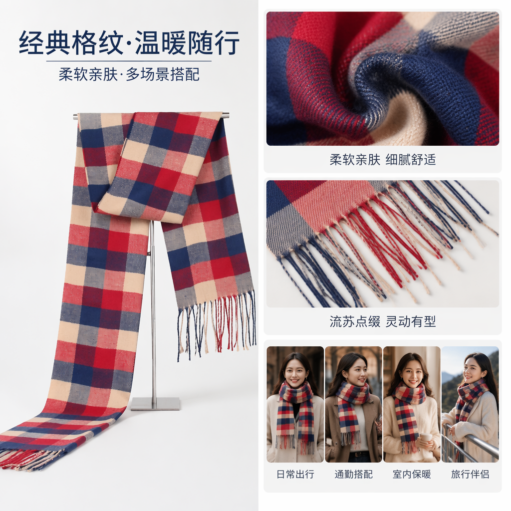 红蓝米色格子纯棉围巾秋冬保暖时尚百搭