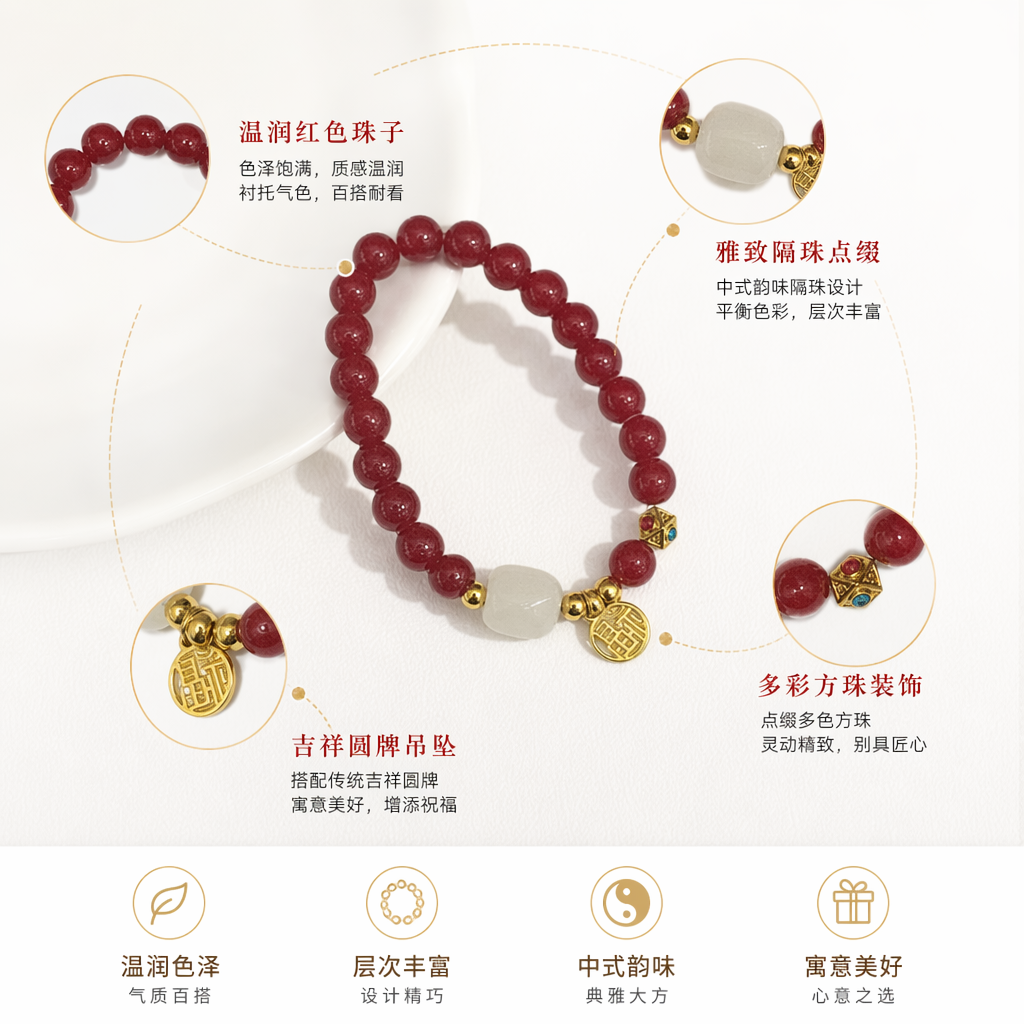 红色珠串手链朱砂红玉髓石轻奢百搭日常通勤饰品