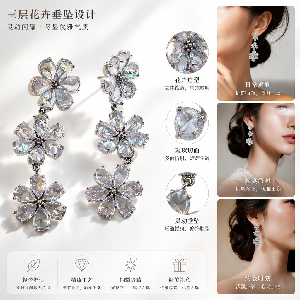 银色花朵造型耳环 时尚简约女士耳饰