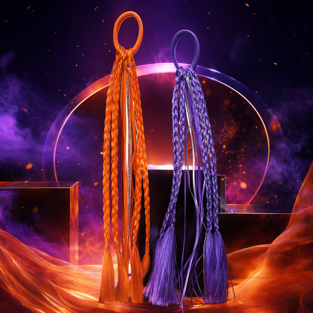 Orange and purple two-color braided tassel hair tie Specification image