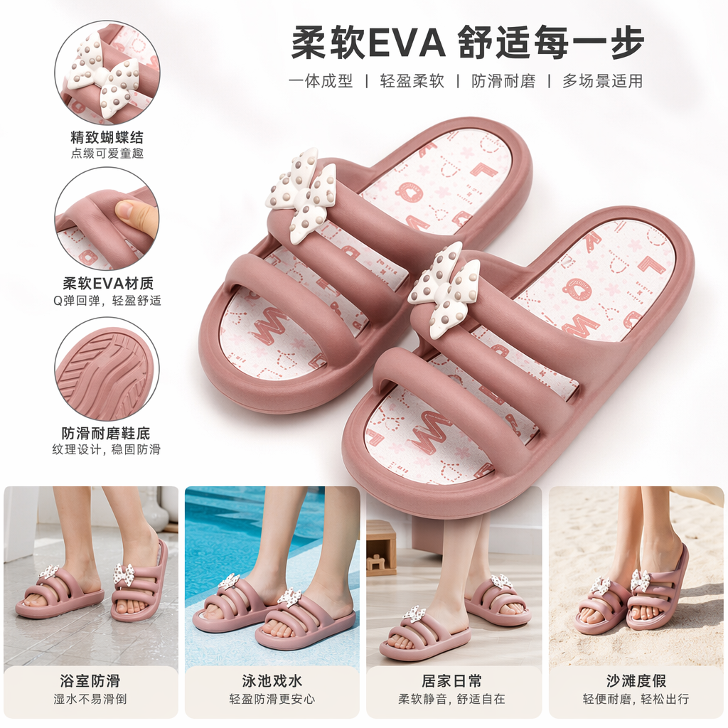 Colorful bow home slippers for women, comfortable cotton and linen anti-slip soft soles