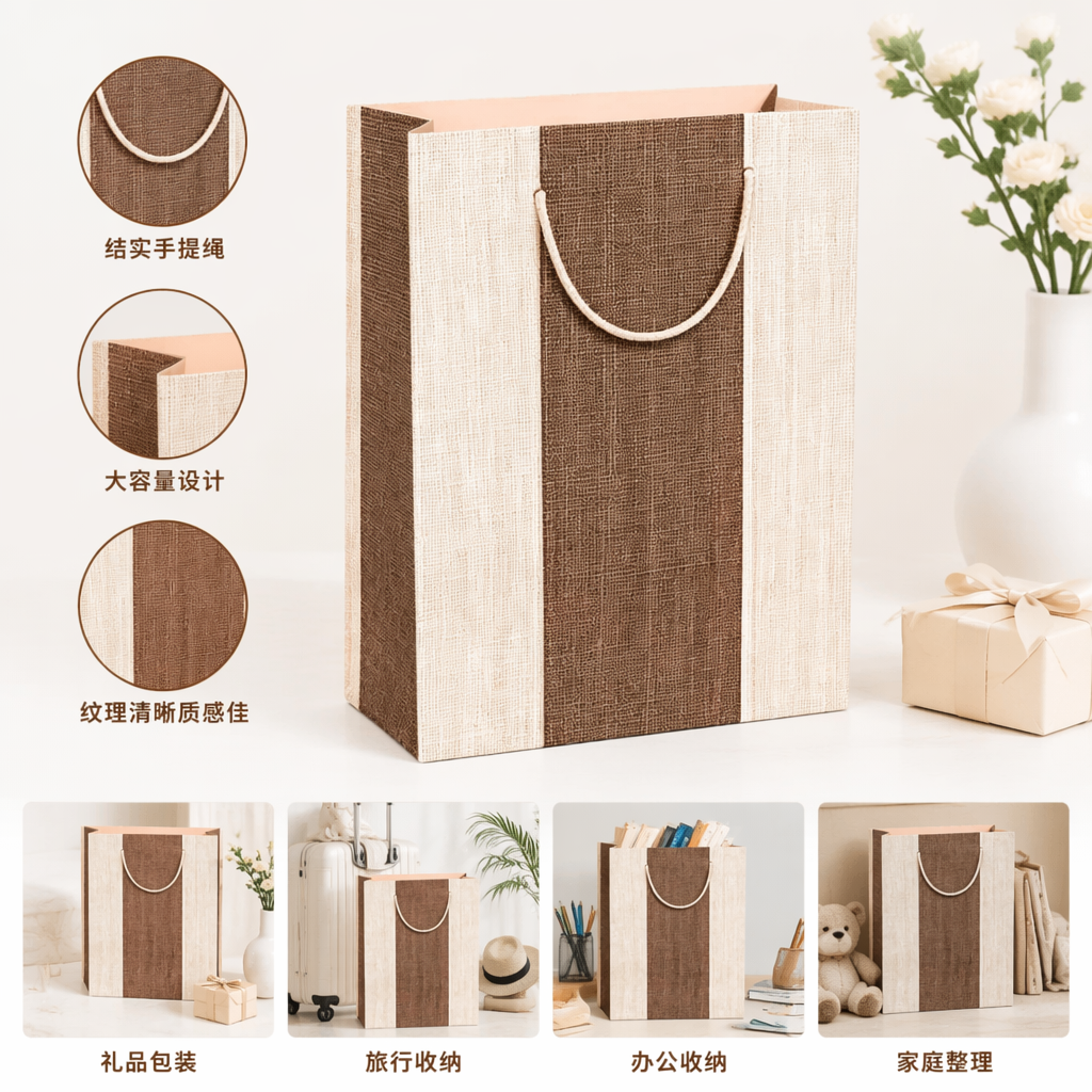 Brown and beige striped hand-held paper bags, simple and eco-friendly shopping bags, gift packaging bags