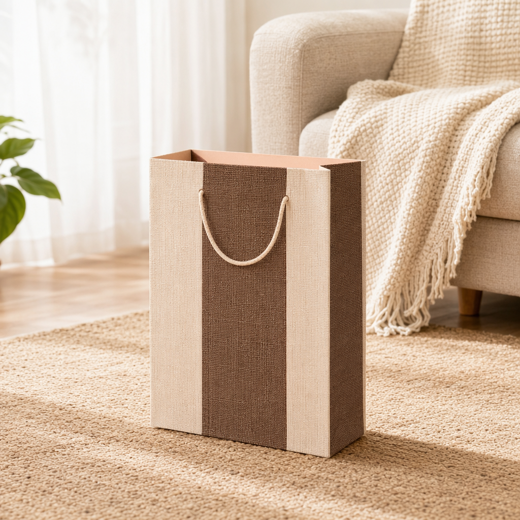 Brown and beige striped hand-held paper bags, simple and eco-friendly shopping bags, gift packaging bags details Picture