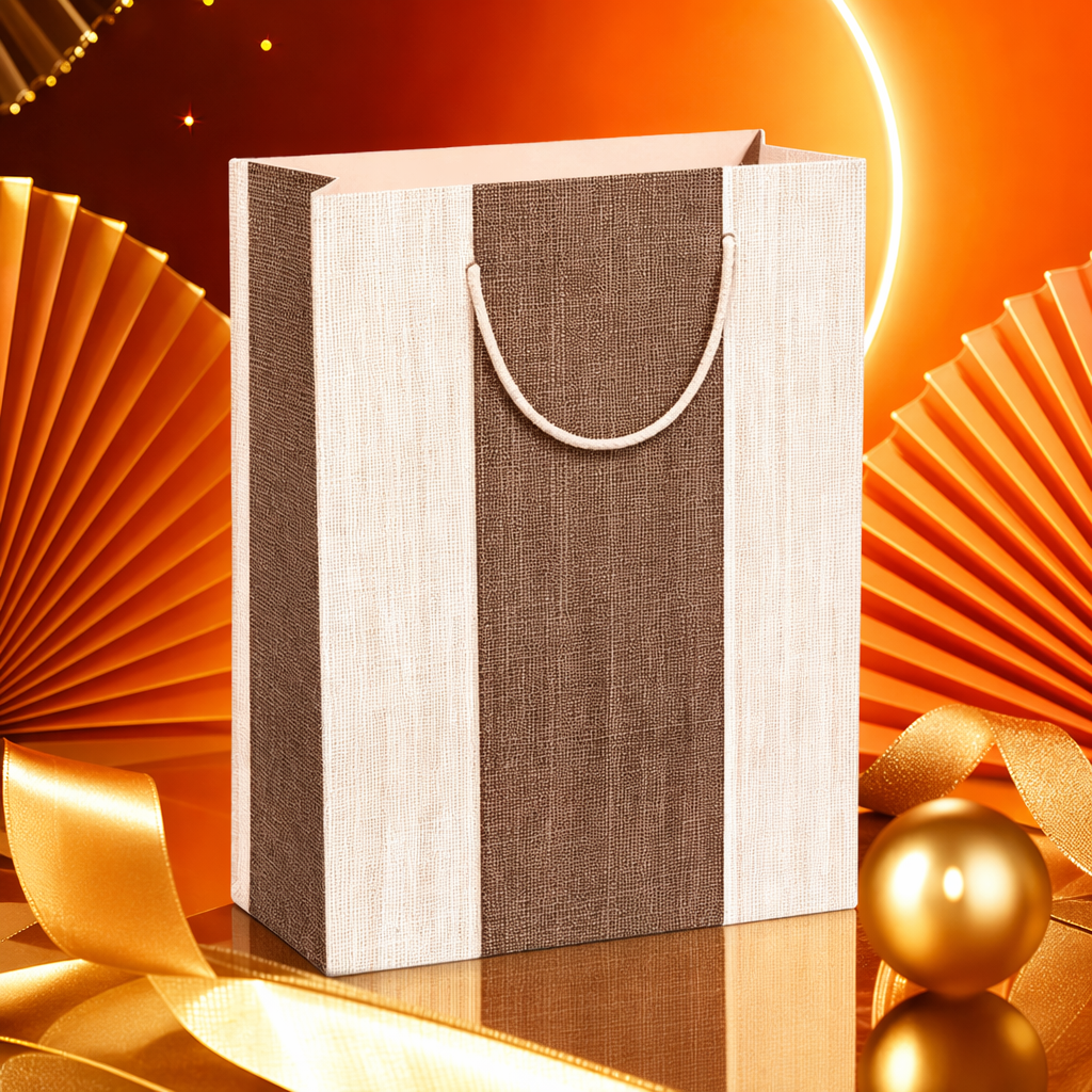 Brown and beige striped hand-held paper bags, simple and eco-friendly shopping bags, gift packaging bags Specification image